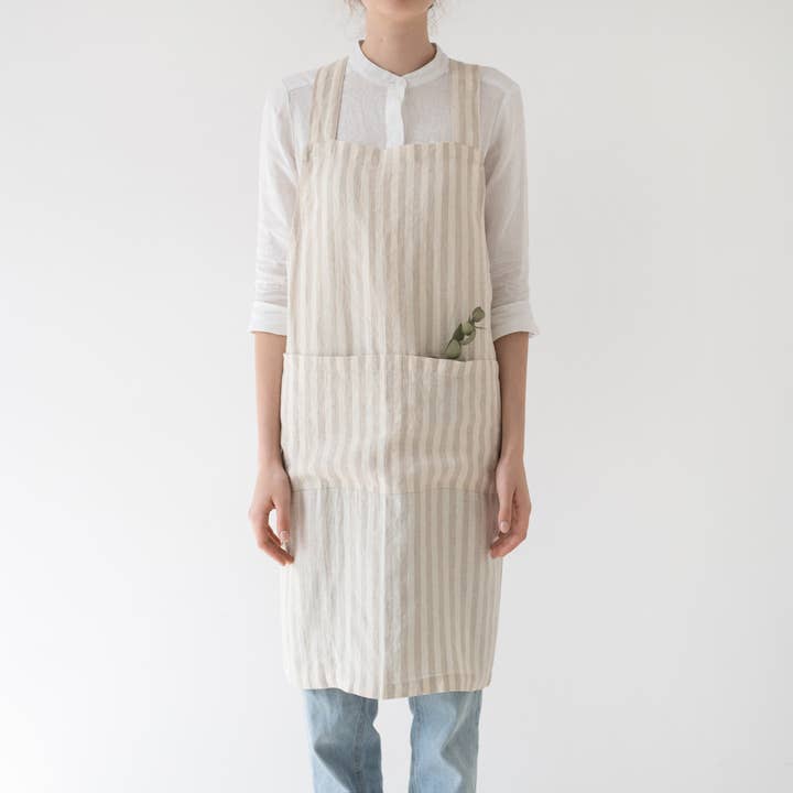 Natural White Stripes Linen Japanese Crossback Apron for wholesale by Linen Tales (We cover U.S. import duties)