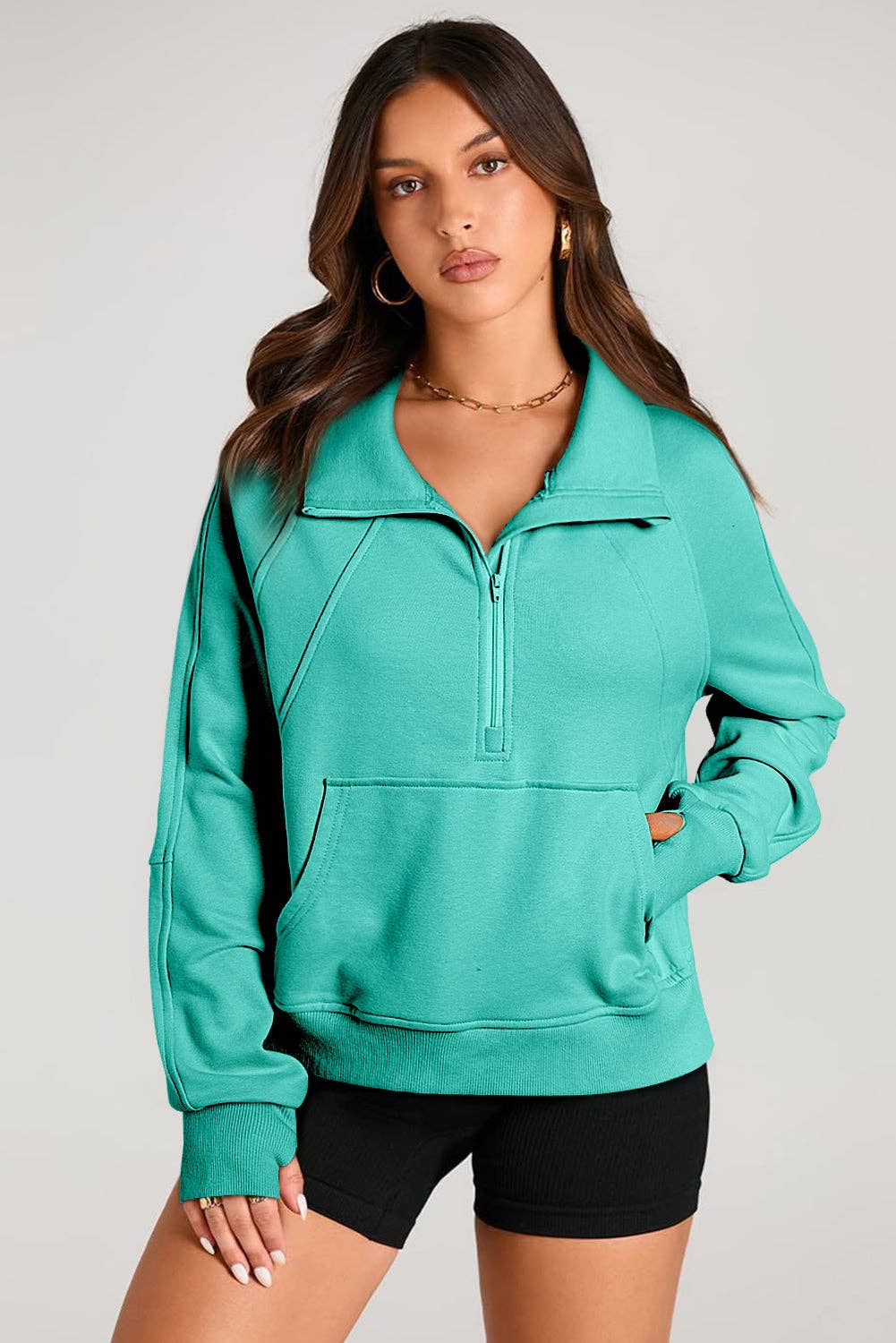 Lovesoft - Wholesale Sweatshirt - Women's - Solid Color Quarter Zip Stand Neck Kangaroo Pocket Sweatshirt4
