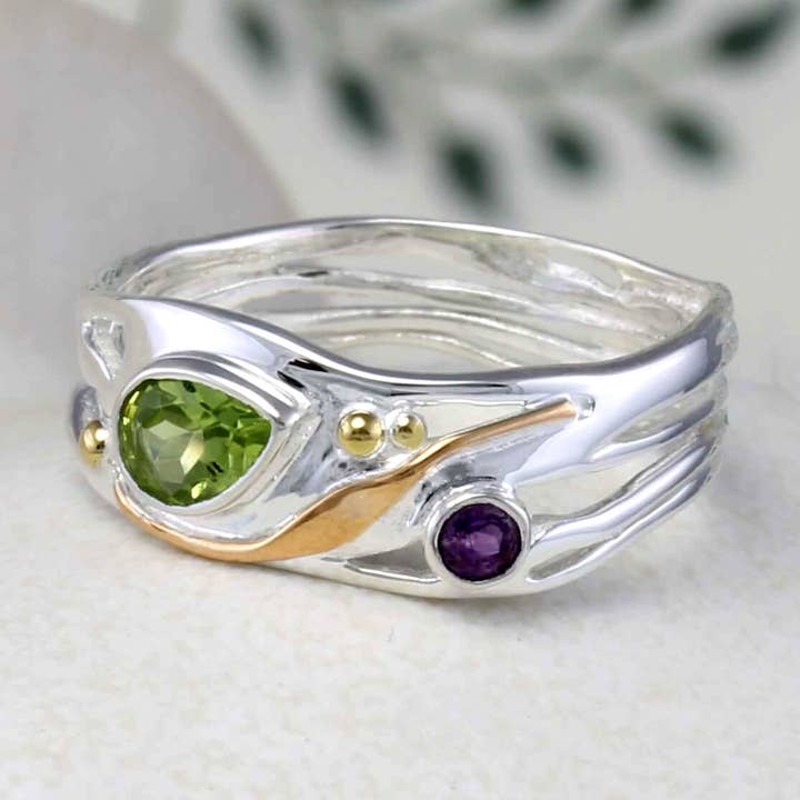 Banyan Jewellery - Vente Bague avec plusieurs pierres - Bague en argent sterling avec péridot et améthyste faite à la main0