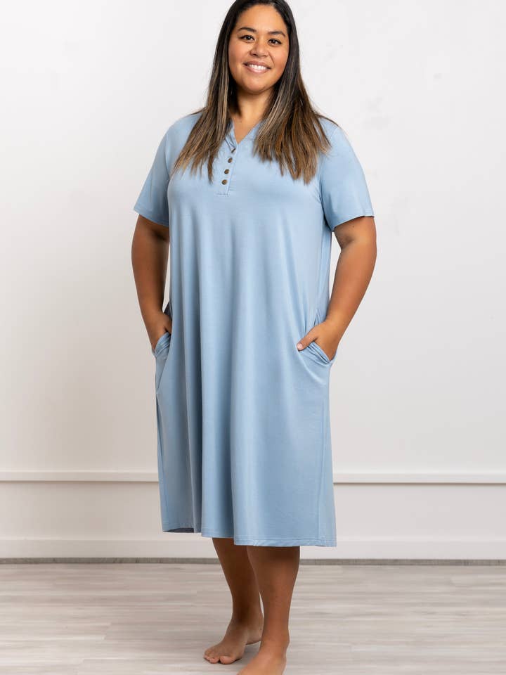 Dames V-hals Modal Nachthemd Jurk Blauw voor wholesale door Peony Alley