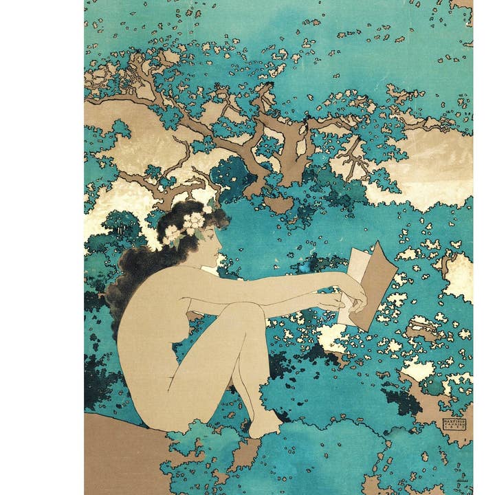 Nymph reading a book | The Reader | Feminine art print | Art nouveau wall art | Flowers and woods | Maxfield Parrish magazine illustration for wholesale by Rock Paper Scissors Wall Art