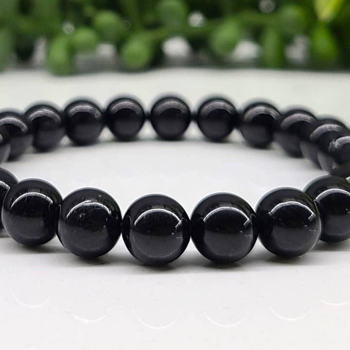 Meraki Gemstones - Wholesale Beaded Bracelet - Black Onyx Gemstone Stretchable Bracelet 8mm Beads, 7.5"L