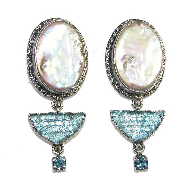 Blauwe Topaas Zoetwaterparel Sterling zilveren oorbel voor wholesale door Amy Kahn Russell