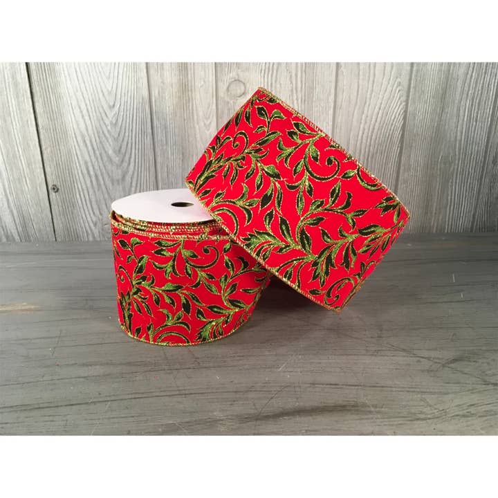 David Christopher's Collection - Wholesale Ribbon - Gift Wrapping - Printed Leaf Vine on Velvet Ribbon - Red/Green/Gold