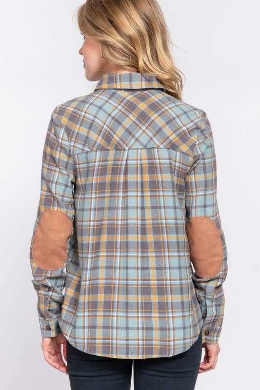 Active Basic | Active USA - Wholesale Button Down Shirt - Women's - Long Sleeve with Suede Patch Button Down Plaid Shirt1