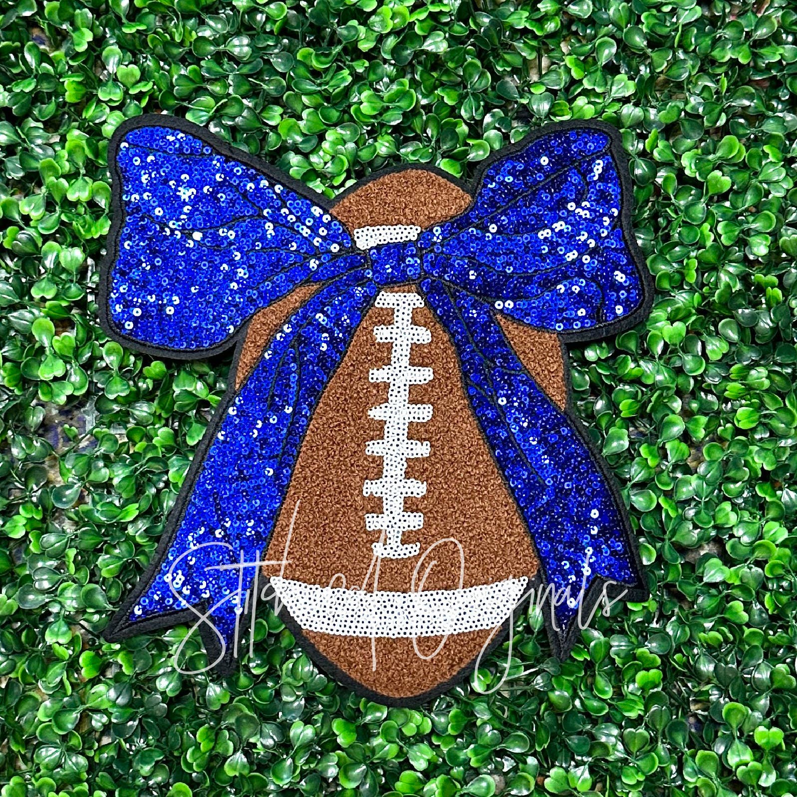 Stitched Originals - Wholesale Patch - Football with BLUE sequin Bow Patch, Custom 10” Football  2