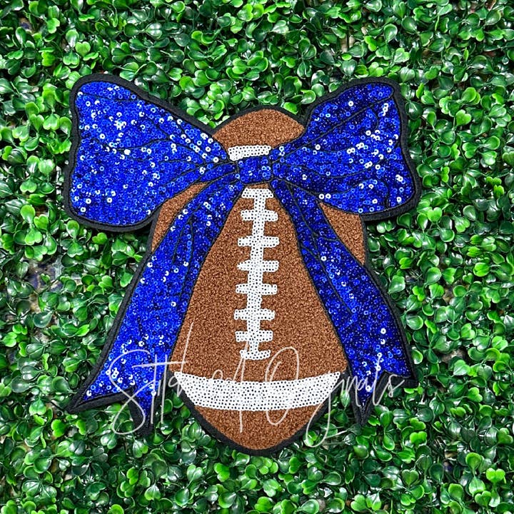 Stitched Originals - Wholesale Patch - Football with BLUE sequin Bow Patch, Custom 10” Football 2