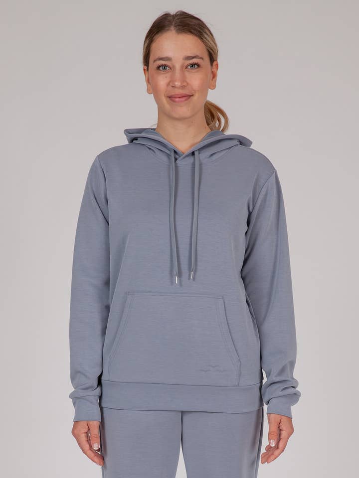 Sudadera con capucha de gamuza premium de lujo en azul empolvado para venta al por mayor de Lazypants