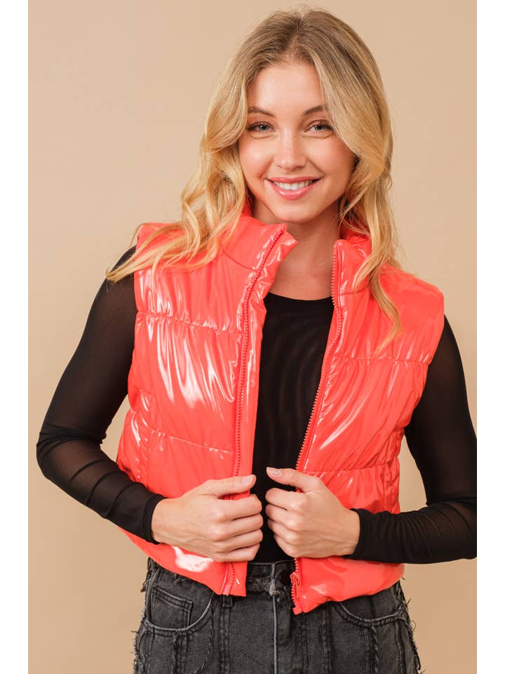 Blue B - Wholesale Outerwear Vest - Women's - 22656J - Gloss Shiny PU Quilted Puffer Zip Up Crop Vest48