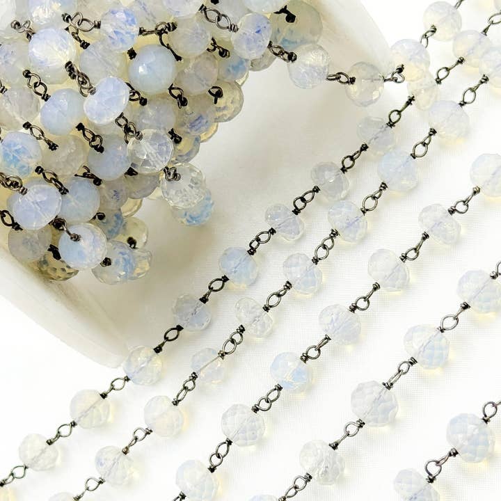 Tresor Jewelry Inc. - Wholesale Beaded Bracelet - Opalite Rondel Shape Oxidized Wire Chain. OPA163