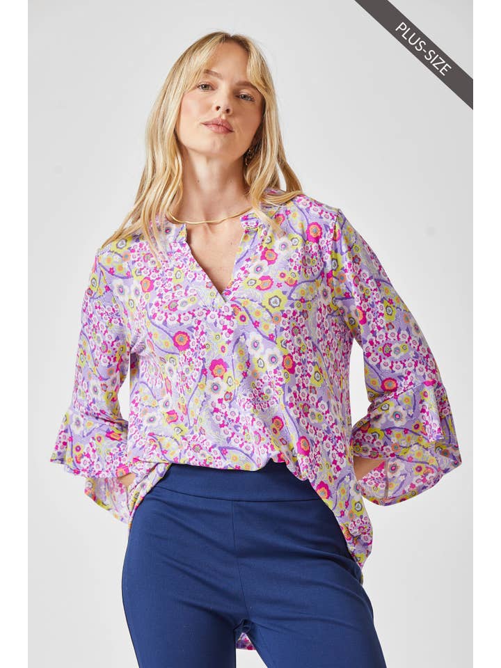 Lavender PLUS SIZE Printed Beautiful Blouse With Lizzy Neckline for wholesale on Faire
