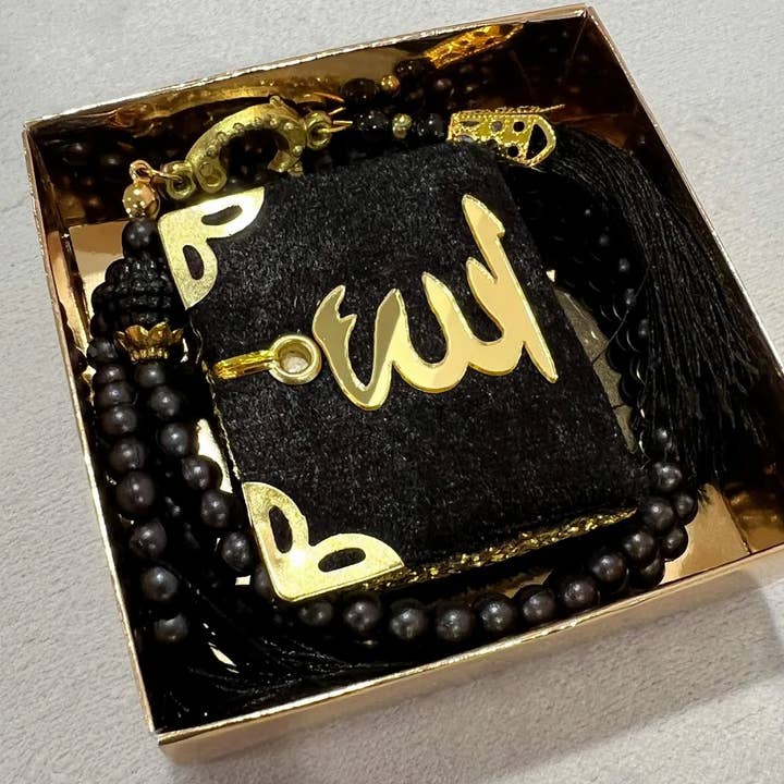 Hakan - Wholesale Prayer Beads Necklace - Velvet Mini Quran Rosary Islamic Gift Set of 2, (Black)