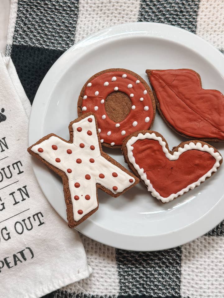 Valentine's Day Peanut Butter Dog Cookies | Hand-Decorated for wholesale by Big Head Barkery