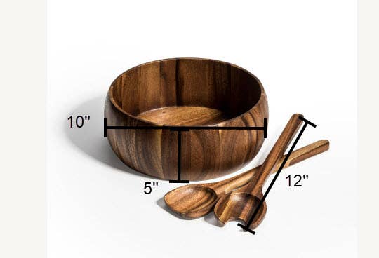 Kalmar Home - Wholesale Serve Bowl - Large Acacia Wood Serving/Salad Bowl with Utensils – 10" 2