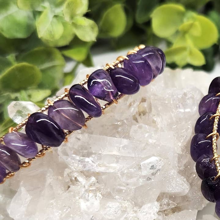 Meraki Gemstones - Wholesale Cuff Bracelet - Amethyst Bangle/Cuff/Wire Wrapped Bracelet-18kt.Gold Overlay