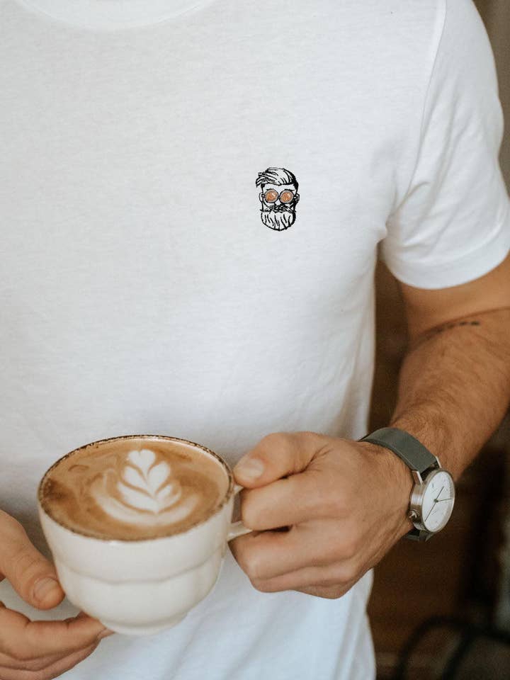 Coffee Hipster | Embroidered organic organic cotton unisex t-shirt for wholesale by Fashion Drinks