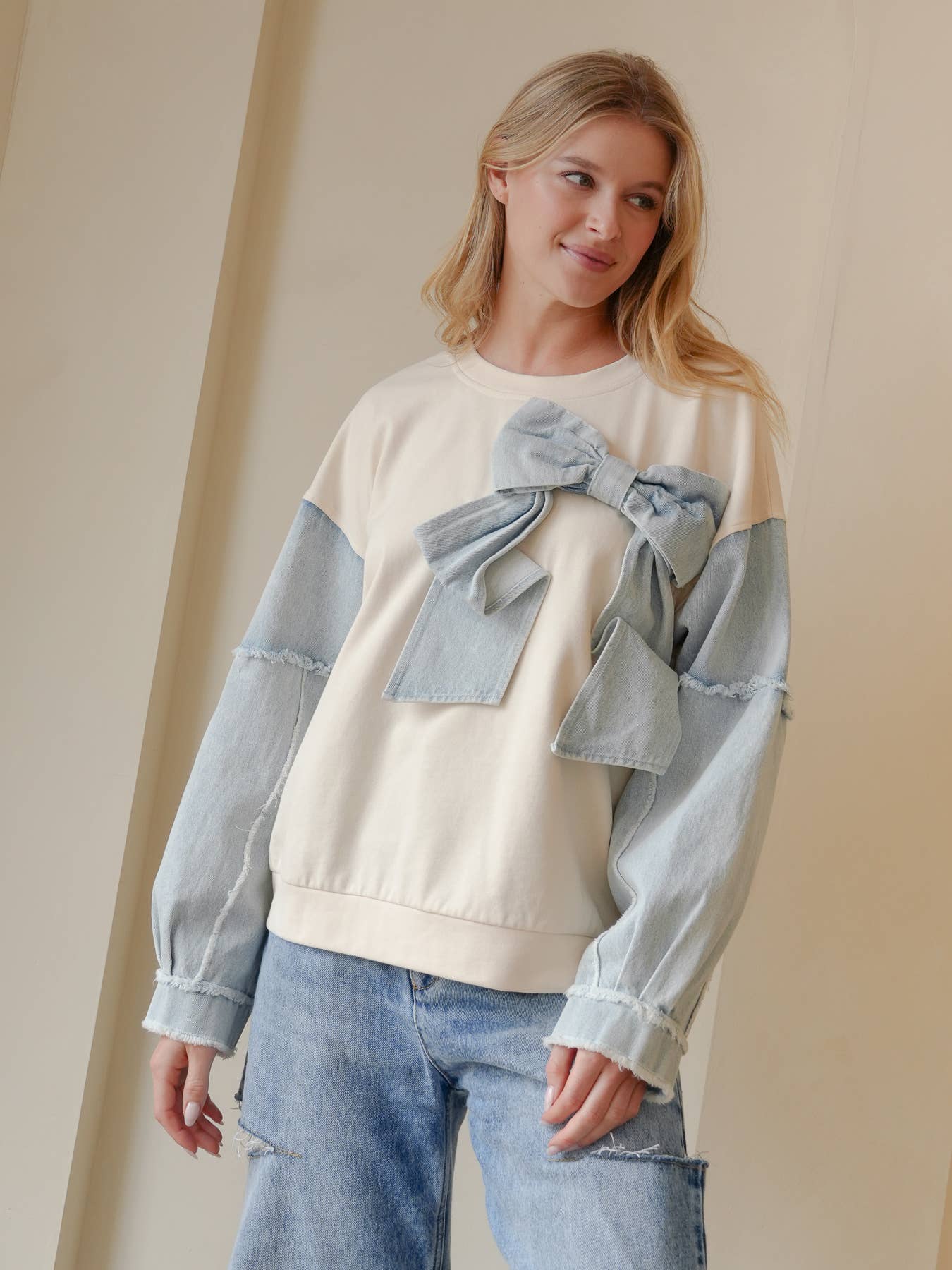 TRENDILITY - Wholesale Sweatshirt - Women's - TR2027-04_Mineral Washed Denim Bow Sweatshirt Top1