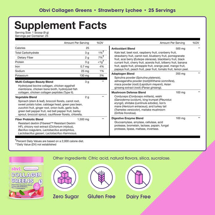 Obvi - Wholesale Powdered Health Drink - Obvi Collagen Greens - Strawberry Lychee