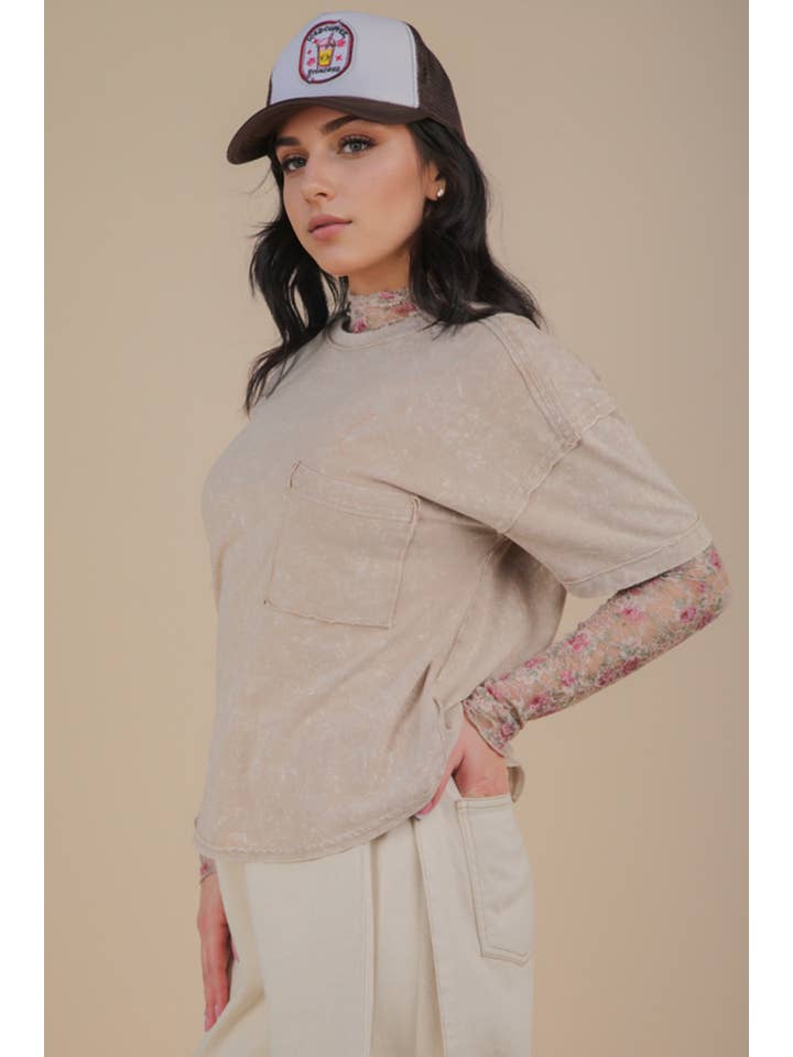 VERY J - Wholesale Knit Top - Women's - NT11108-Mineral Washed Knit Top with Pocket