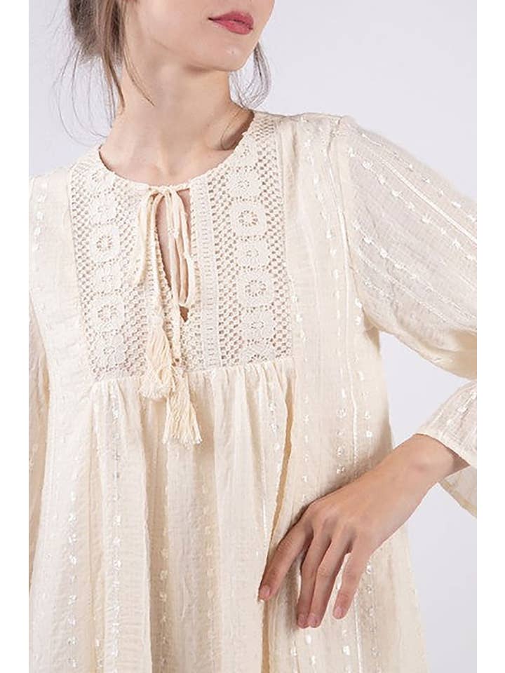 IVORY DOBBY DOTS STRIPES MESH TULLE CHIFFON MINI DRESS for wholesale on Faire