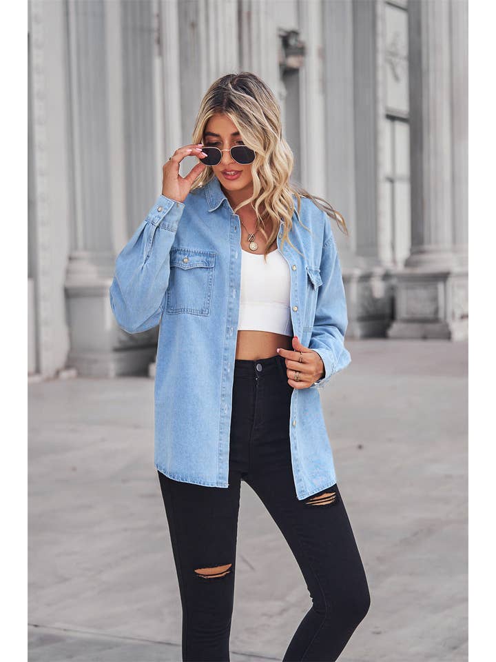 Blak Wardrob – wholesale Buttoned-down shirt – Women's – Collared Neck Dropped Shoulder Denim Top2