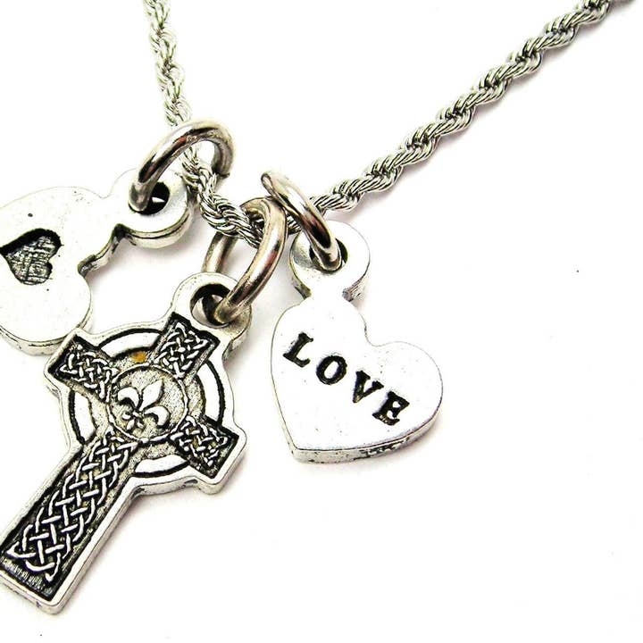 Celtic Cross With Fleur De Lis Center Rope Chain Necklace for wholesale by Chubby Chico Charms