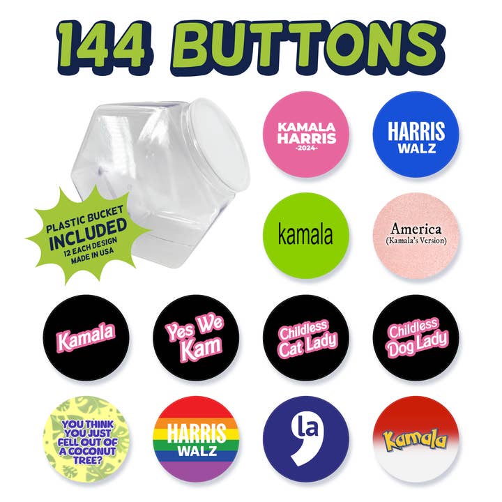 Kamala 2024 Buttons - 144 Count for wholesale by Lucky Mfg. Co.