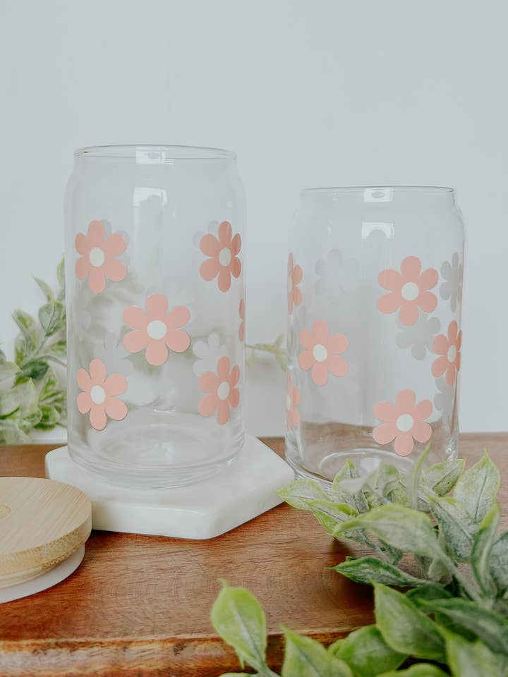 Barattolo di vetro Coral Retro Flowers 16 oz per la vendita all'ingrosso da parte di Ivory Bloom Boutique