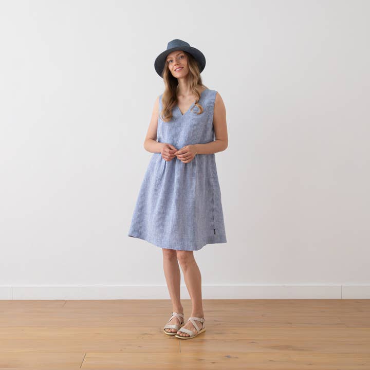 LinenMe - Wholesale Dress - Women's - Linen Dress Medium Stripe Blue Charlotte