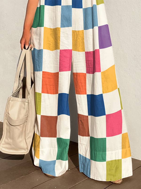 COLORFUL Loose Sleeveless Contrast Color Plaid Jumpsuits for wholesale on Faire
