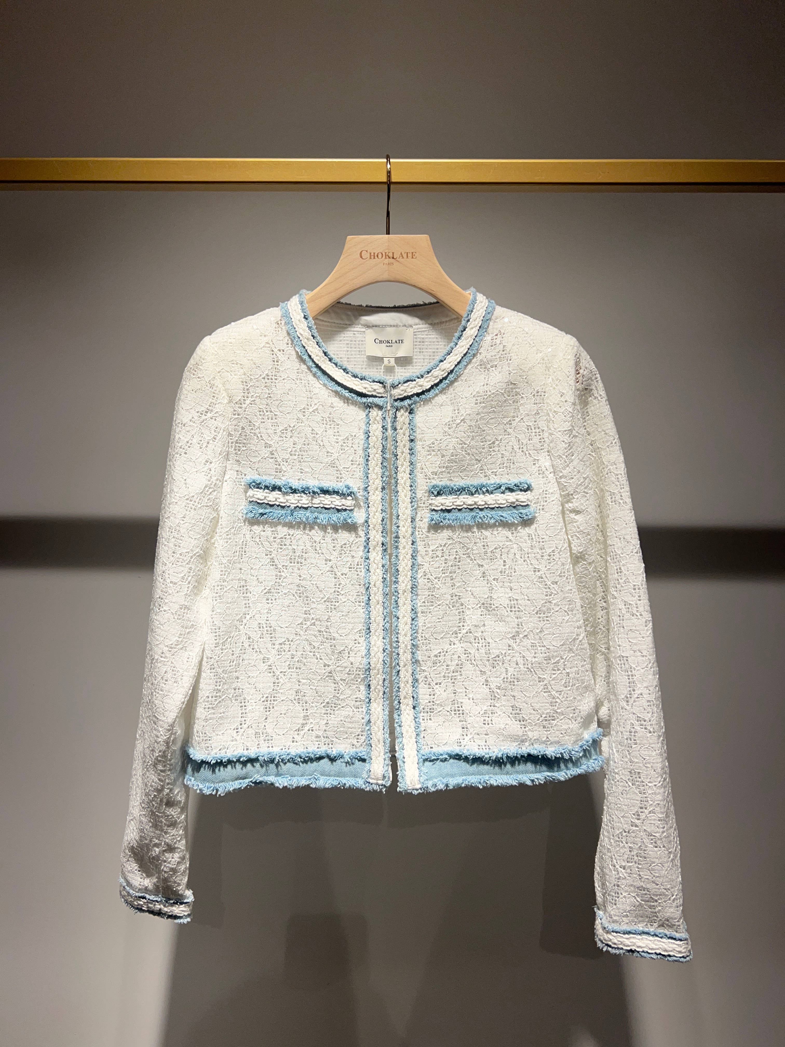 Vit Kort tweedjacka med denimdetaljer - 81040 för wholesale på Faire6