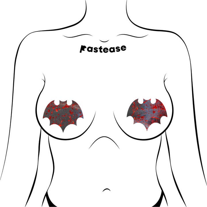 Pastease® - Wholesale Nipple Pasties - Women's - Splatter Holographic Glitter Silver & Red Bat Nipple Pasties