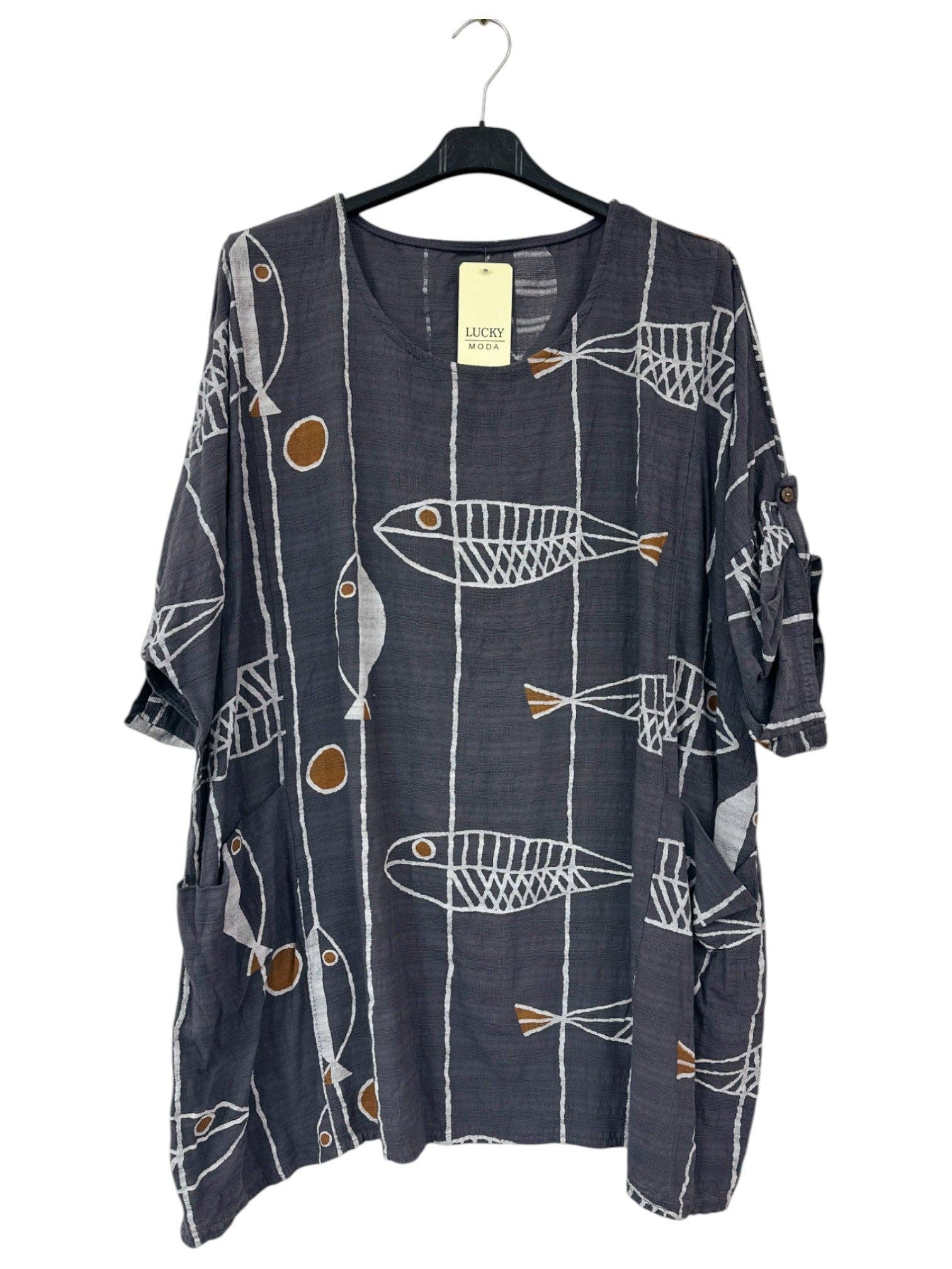 Miss Bold - Wholesale Blouse - Women's - Italian Crinkle Cotton Fish Print Top with Pockets & Turn-Up Sleeves3