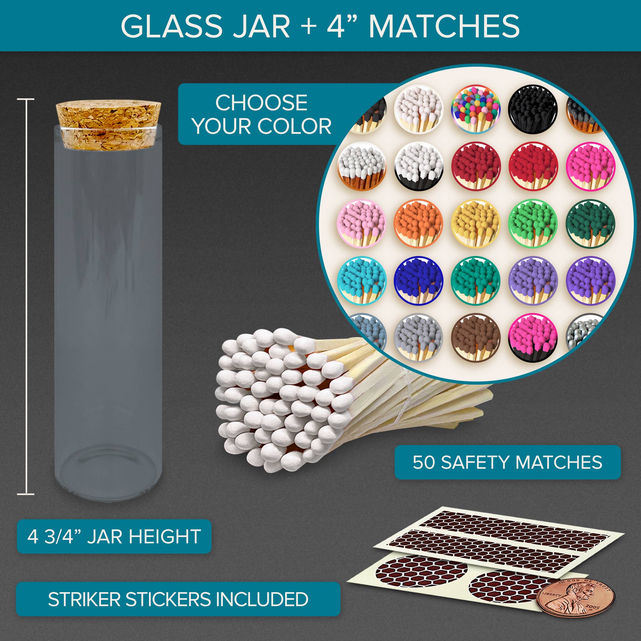 Thankful Greetings - Wholesale Matches - 4" Matches in Chic Cork Top Jar - Colors of Your Choice7