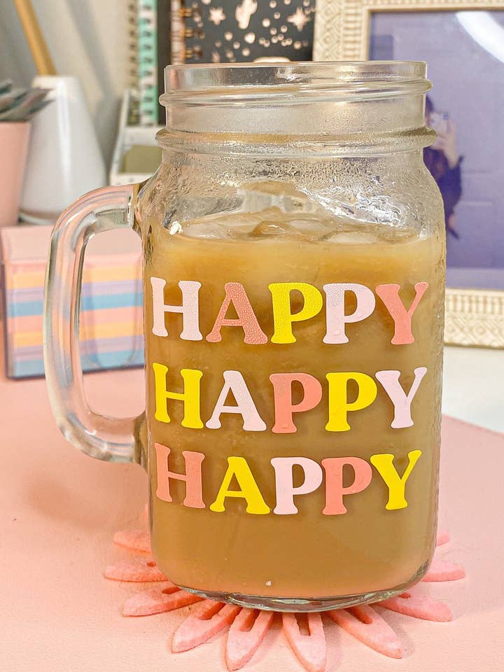 HAPPY Clear Jar Coffee Glass Mug for wholesale by Lovely JEN's Designs