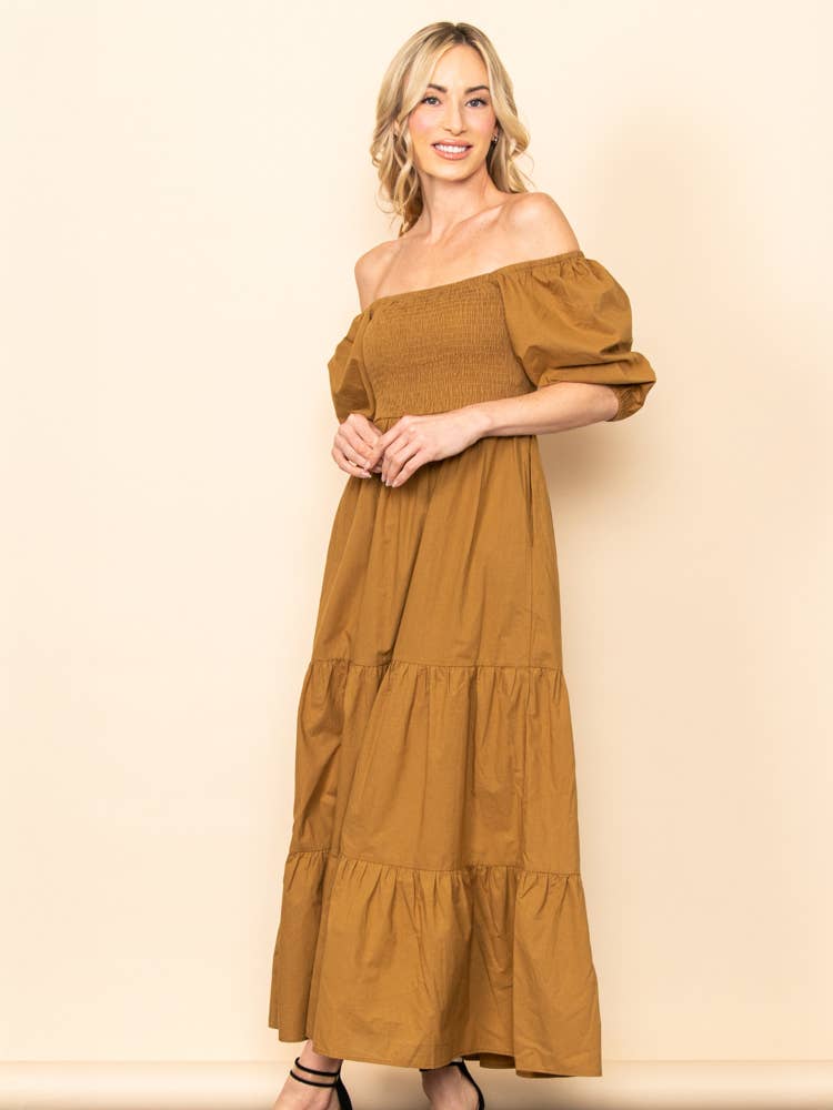 Camel SALE! On Off Shoulder Smocked Chest Tiered Skirt Maxi Dress for wholesale on Faire2