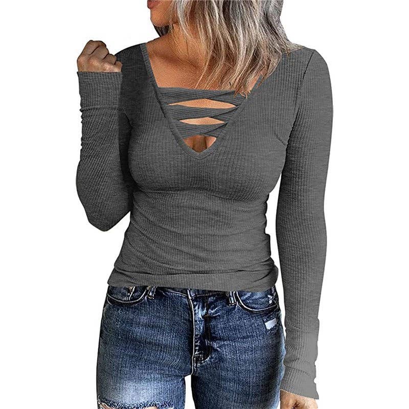 kycozy – Großhandel Strickoberteil – Damen – Einfarbiges, hohles, geripptes T-Shirt-Oberteil mit V-Ausschnitt und langen Ärmeln9