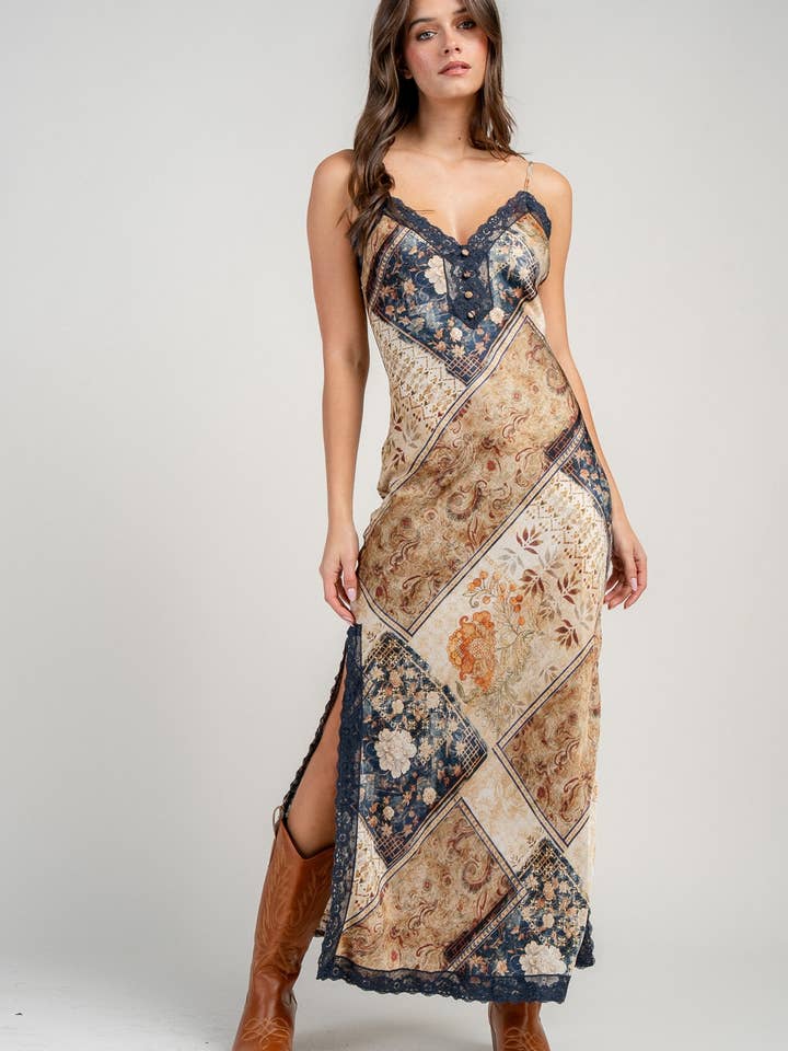 CD30700S PRINTED SATIN LACE TRIM SLIP DRESS for wholesale by BEIVY & COLLABO