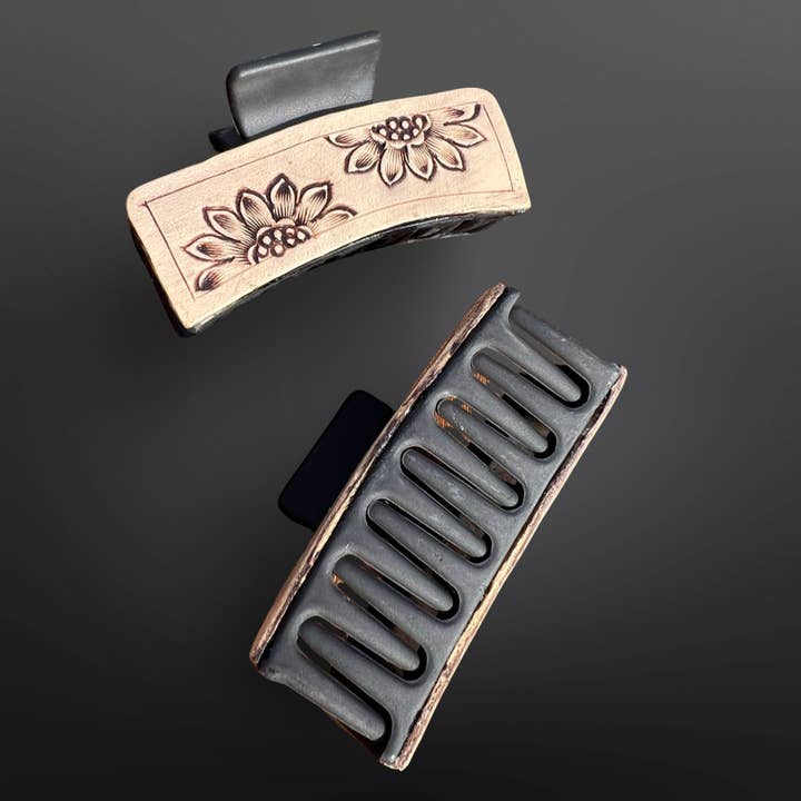 Sunflower Tooled Leather Claw Hair Clip Western Matte Black for wholesale by Westrian International