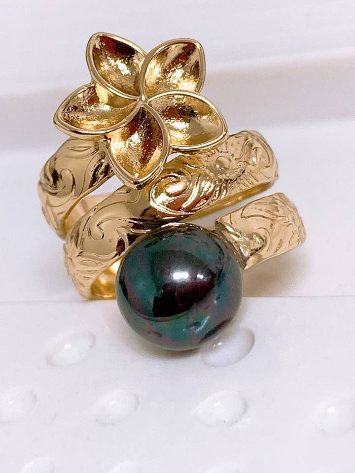 Hawaiian Hamilton Gold Plumeia Flower and Peacock Shell Pearl Wrap Around Ring for wholesale by Anela's Jewelry