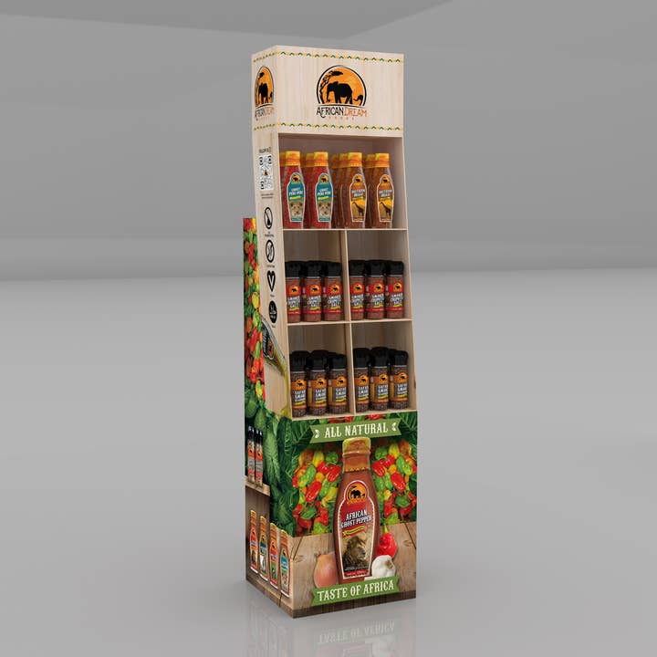 African Dream Foods - Wholesale Retailer Display - Food & Drink - Grilling Master -Mixed Hot Sauce & Seasoning Display Shipper