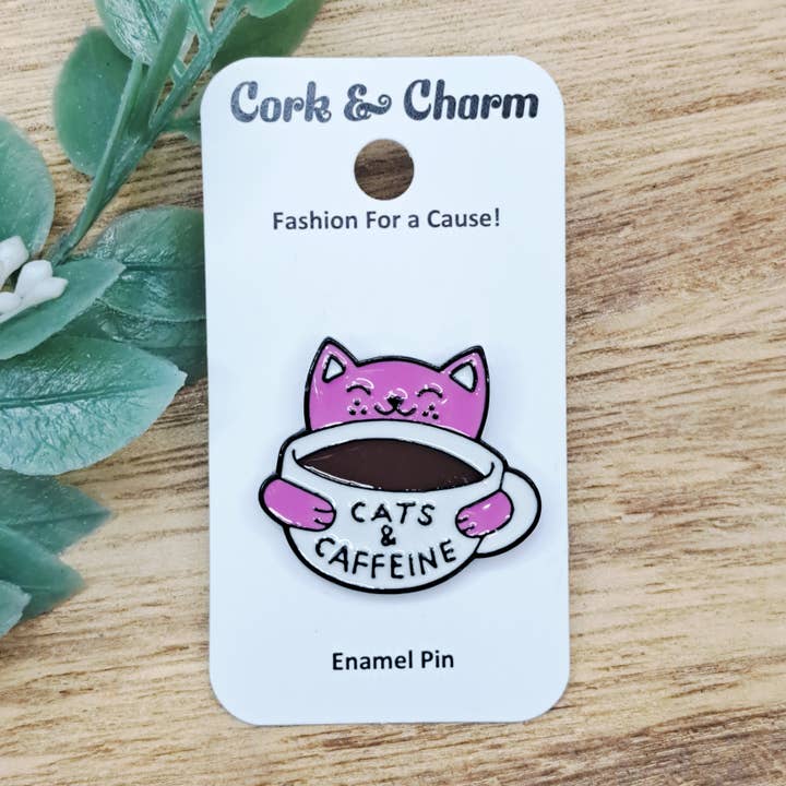 Pink Cat and Coffee Enamel Pin for wholesale by Cork and Charm