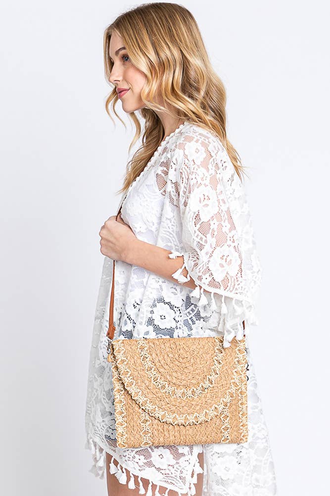 Hana - Vente Pochette – femme - Sac à bandoulière Stitch Detail Straw Clutch3