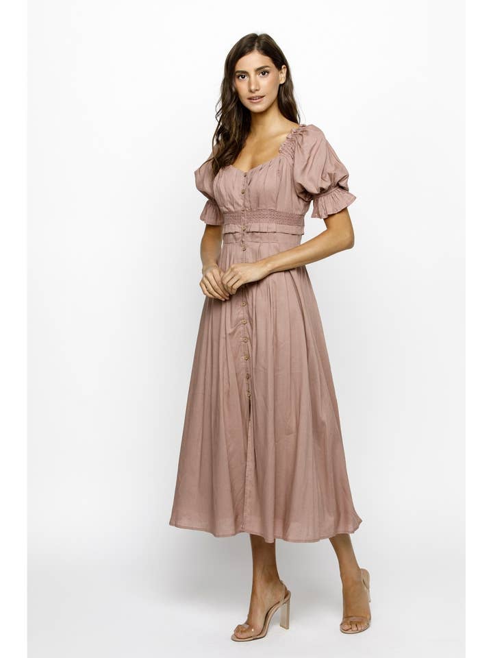 JD7170- SOLID PLEATED PRAIRIE MIDI DRESS for wholesale by STORIA
