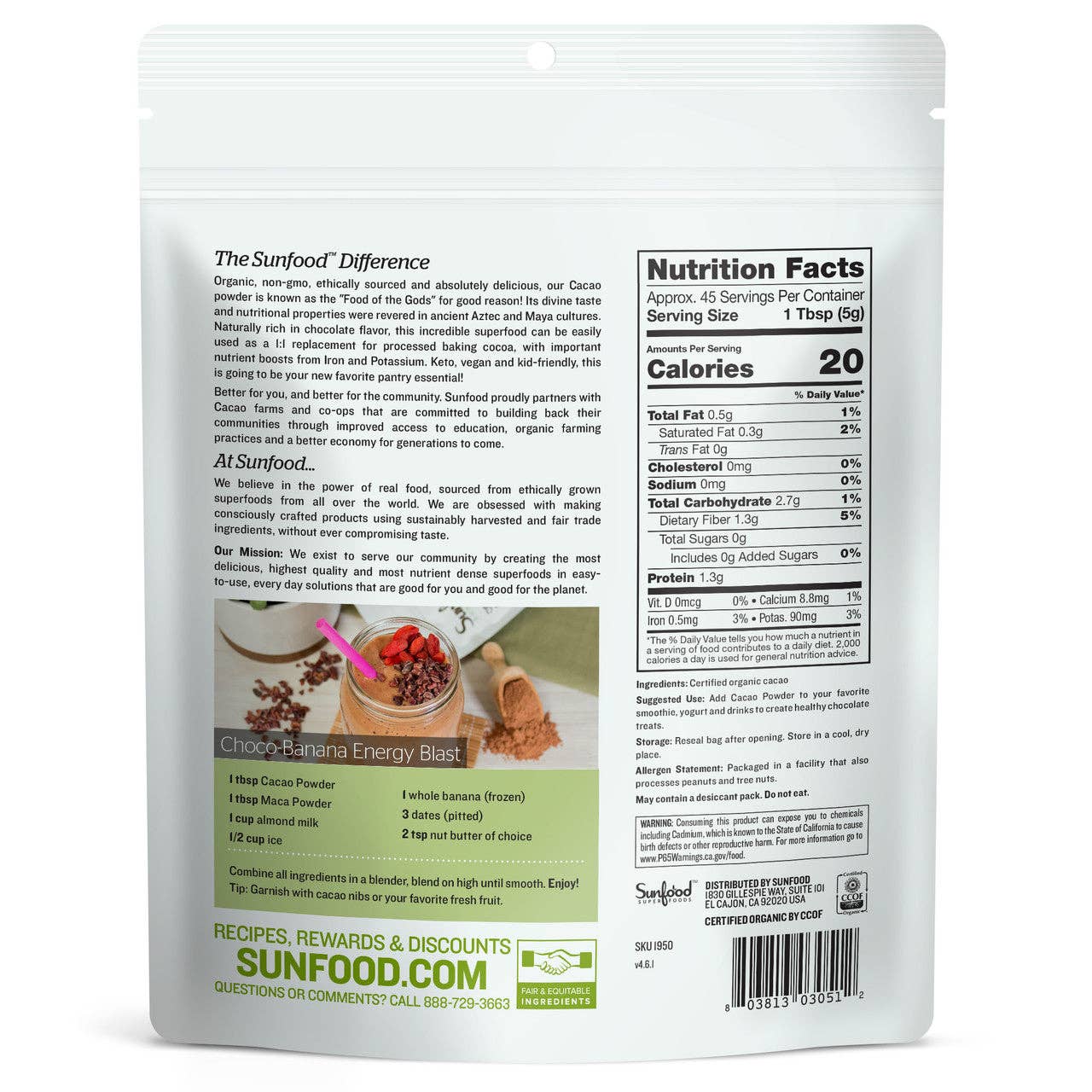 Sunfood Superfoods - Wholesale Protein/Superfood Powder - Cacao Powder, 8oz1
