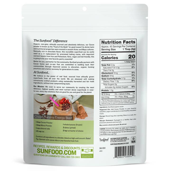 Sunfood Superfoods - Wholesale Protein/Superfood Powder - Cacao Powder, 8oz1