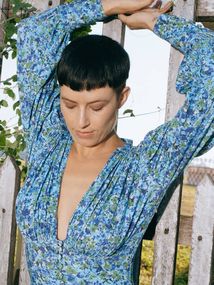 Bowie Button up Top - Floral Explosion Blue for wholesale by State of Georgia