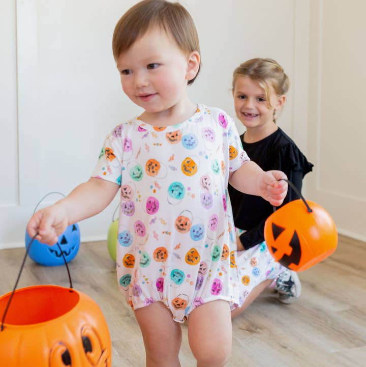 Jack-o-lantern Bucket Bubble Romper for wholesale by Sweet Bay Clothing
