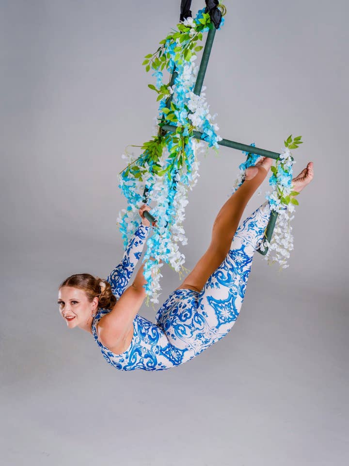 Asymmetrical Catsuit for Performers, Blue & White Porcelain Print Bodysuit, One Sleeve One Leg Jumpsuit in Stretch Spandex Fabric, Baroque Scroll Pattern Unitard for Dance & Events for wholesale by Kikimora Fashion