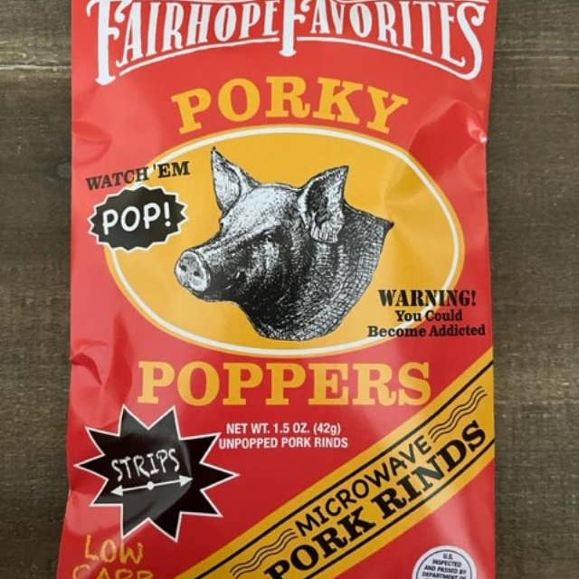 Fairhope Favorites, Inc. – Snacks tufados por atacado – Porky Poppers - Cascas de Porco Microondas1